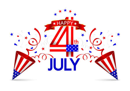 Red, blue and white ribbon of paper shoot. Celebrating Fourth of July Independence Day. Illustration isolated on white background.のイラスト素材