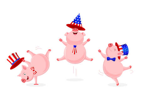 Cute cartoon pig jumping and dancing with American hat. 4th of July. Happy Independence Day. Illustration isolated on white background.のイラスト素材