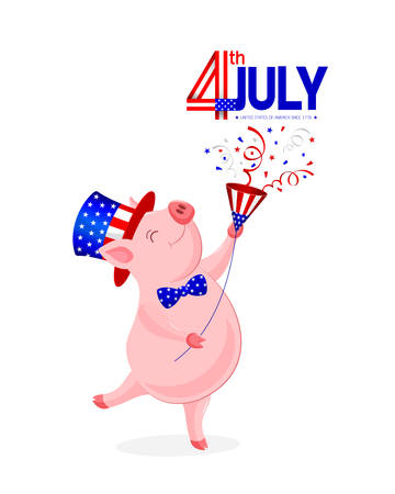 Cute cartoon pig with American hat and paper shoot. concept for patriotism in America and celebration of independence day. The fourth of July for the United States. Illustration on white background.のイラスト素材
