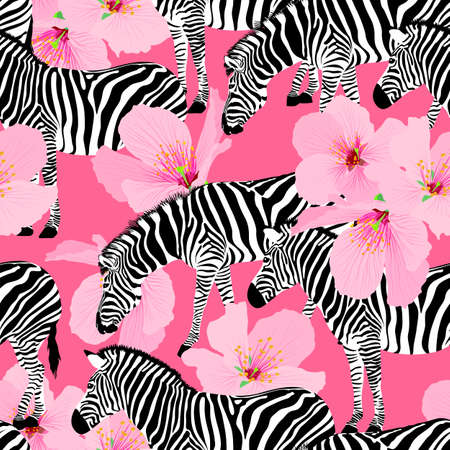 Zebra and cherry blossom background, seamless pattern. Wild animal texture. design trendy fabric texture,  illustration.のイラスト素材