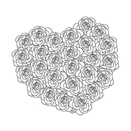 Heart-shaped pattern for coloring book with roses. Floral, retro, doodle, vector, design element. Black and white background. のイラスト素材