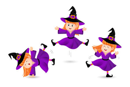 Cute little  witch three acts. Halloween characters design. Happy Halloween concept. Illustration isolated on white background.のイラスト素材