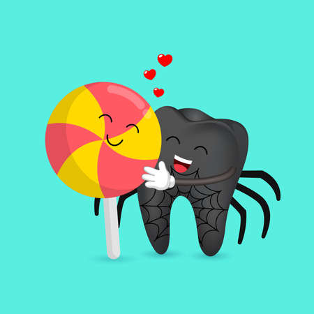 Funny cartoon spider  tooth character in love with lollypop. Happy Halloween day. Dental care concept. Illustration isolated on blue background.のイラスト素材