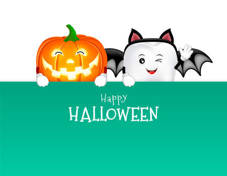 Cartoon tooth holding blank paper banner for text. Happy Halloween concept. Illustration design for banner, postcard, poster.のイラスト素材