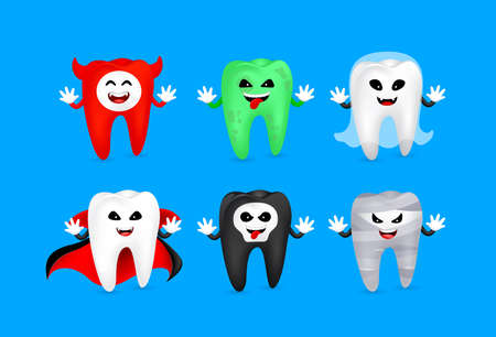Funny cartoon tooth halloween character design. witch, devil, zombie, skull, mummy, Dracula. Happy Halloween concept.  Illustration isolated on blue background.のイラスト素材