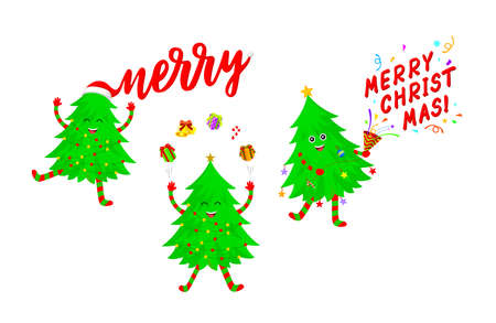 Set of cute Christmas tree cartoon characters with smiley face. Merry Christmas and Happy New Year. Vector illustration isolated on white background.のイラスト素材
