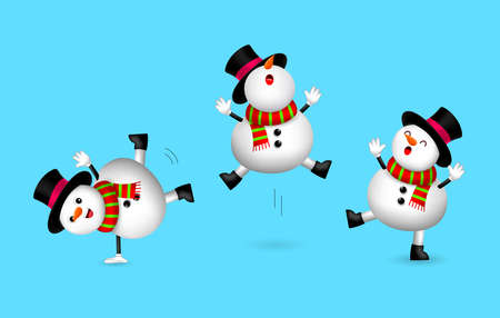 Collection of cute cartoon snowman with scarf. Merry Christmas and Happy New Year. Illustration isolated on white background.のイラスト素材