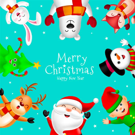Cute cartoon Christmas characters frame, Santa claus, snowman, Tree, Reindeer, fox, bear, rabbit and little elf. Merry Christmas and happy new year concept , illustration on blue background.のイラスト素材