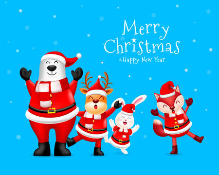 Funny Christmas Characters design in Santa Claus suit, Polar bear, Reindeer, Reindeer, rabbit and Fox. Merry Christmas and Happy new year concept. Vector illustration isolated on blue background.のイラスト素材