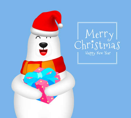 White bear with scarf holding Christmas Gift box. Merry Christmas and happy new year. Vector Iillustration on blue background. のイラスト素材