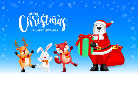 White bear Bear in Santa Claus suit holding Christmas Gift box to little fox, rabbit and reindeer. Merry Christmas and happy new year. Vector Iillustration on blue background. のイラスト素材