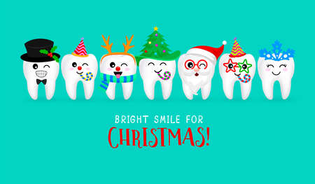 Set of Christmas tooth characters. Emoticons facial expressions. Funny dental care concept. Vector illustration isolated on green background.のイラスト素材