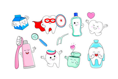 Cute cartoon tooth character with mouthwash, toothbrush, toothpaste, dental floss and with dental care equipment. Dental care concept. Vector illustration isolated on white background.のイラスト素材