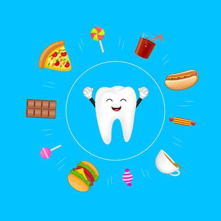 Cute cartoon tooth protected from sweet food. Dental care concept. Illustration isolated on blue...