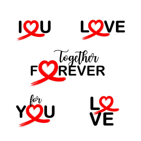 Set of lettering phrase about love to valentines day. Calligraphy design with red heart. Illustration collection for poster, greeting card, photo album, banner.のイラスト素材