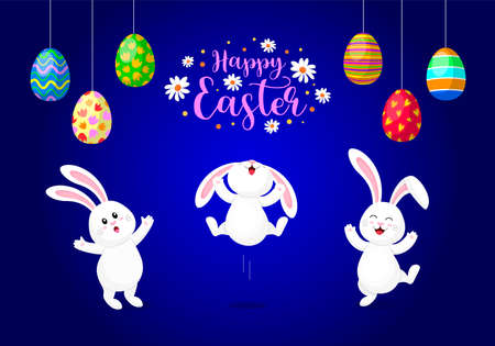 Cute cartoon Easter bunny, character design. Three different poses with Easter egg. Easter holiday concept. Vector illustration isolated on blue background.のイラスト素材