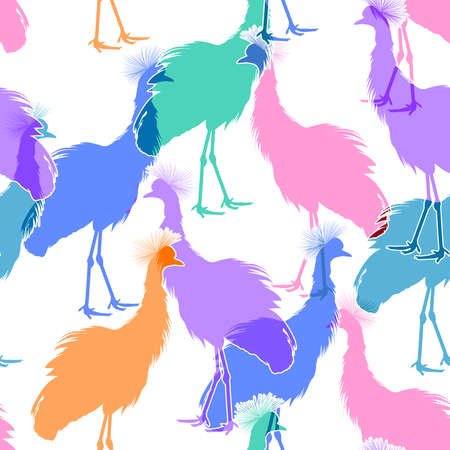 Colorful silhouette bird seamless pattern. Black crowned crane. Festive for gift wrapping, textiles or Wallpaper. Vector illustration  on white background.のイラスト素材