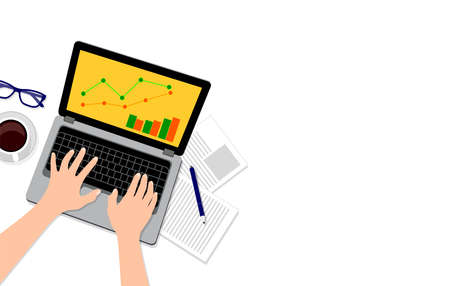Top view of working on laptop. Business objectives goals progress improvement concept. Vector illustration on white background.のイラスト素材