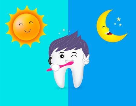 caetoon tooth character with sun and moon. Brush your teeth twice a day, daily dental care concept. illustration isolated on blue background.のイラスト素材