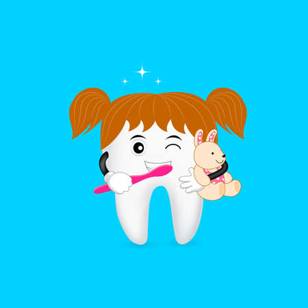 Cute cartoon tooth character brushing with smiley face. Dental care concept. Illustration isolated...