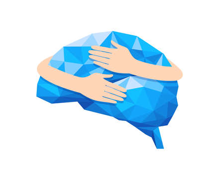 Creative concept of the human brain consists of blue polygons with hands. Embrace internal organs. Icon design. Health care concept. Illustration on white background.のイラスト素材