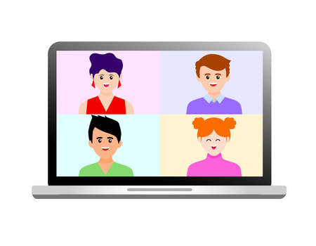 Video conference landing. People on computer screen taking with colleague. Video conferencing and online meeting workspace. Vector illustration.のイラスト素材