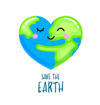 Cute cartoon globe heart shape with hand embrace. Happy Earth day concept, World Environment Day. Icon design. llustration isolated on white background.のイラスト素材