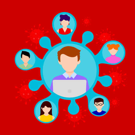 working on laptop. Work from home concept. Video conferencing and online meeting workspace. Vector illustration.のイラスト素材