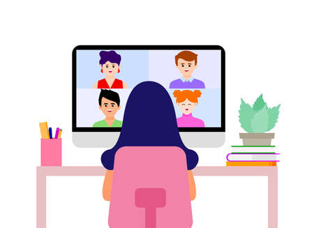 Work at home concept design. Woman working at her house. Vector illustration isolated on white background. Online study, education.のイラスト素材