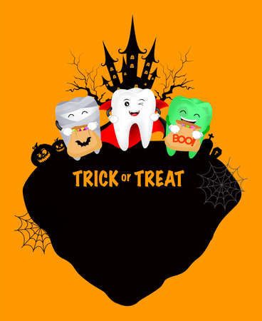 Funny cute cartoon tooth character. Dracula, mummy and zombie. happy Halloween concept. Design for banner, poster, greeting card. Illustration.のイラスト素材