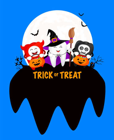 Funny cute cartoon tooth character. Witch, devil and skull. Happy Halloween concept. Design for banner, poster, greeting card. Illustration.のイラスト素材