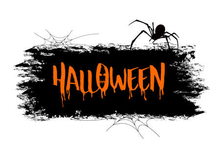 Halloween lettering design. Holiday calligraphy with spider and web. Happy Halloween concept. Illustration for poster, banner, greeting card, invitation.のイラスト素材
