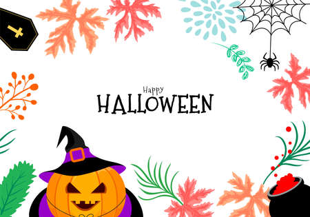 Funny cute cartoon pumpkin witch character. Trick or treat, happy Halloween concept. Design for banner, poster, greeting card. Illustration.のイラスト素材
