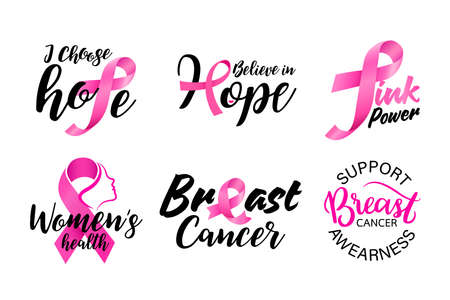 Breast Cancer Awareness ribbons and badges. October is a month of breast cancer awareness in the world. Pink ribbon. Vector illustration.のイラスト素材