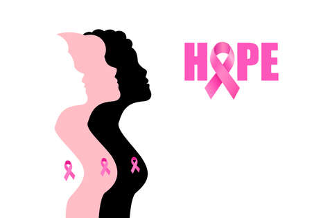 Pink ribbon symbol on woman breast. Breast Cancer Awareness Month Campaign. Design for poster, banner, t-shirt. Vector illustrationのイラスト素材