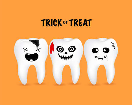 Scary cartoon tooth characters, Tooth with blood. Trick or Treat concept, Happy Halloween day,  illustration on orange background.のイラスト素材