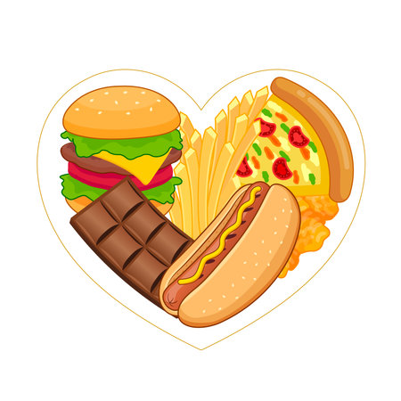 Unhealthy junk food in heart shape. Health care concept. Vector illustration.のイラスト素材