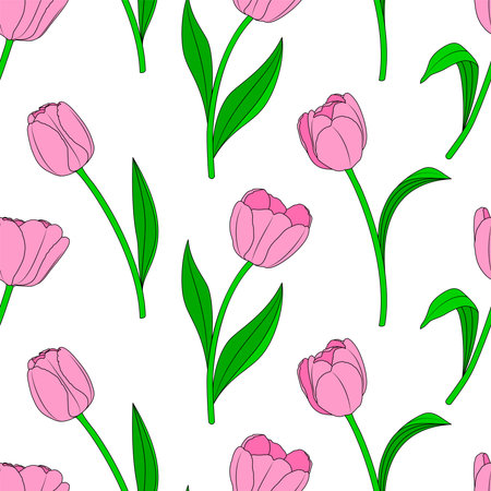 Pink tulip seamless pateern, vector illustration. Endless texture for easter and spring design, greeting card, fabrics, poster.のイラスト素材