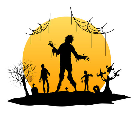 Silhouette zombies with moon light. Vector illustration good for greeting card, poster banner or print.のイラスト素材