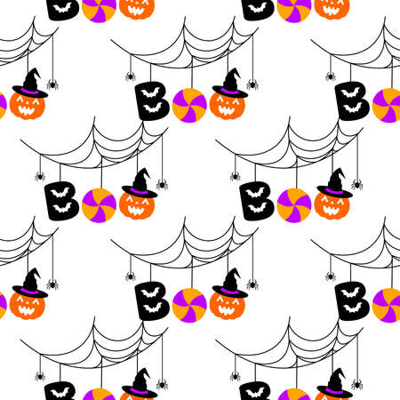 Halloween festive seamless pattern. Boo with halloween element, bats, lollypop, pumpkin and spider web.のイラスト素材