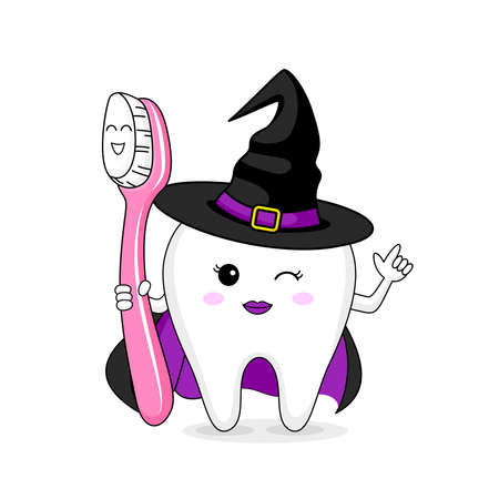 Cute cartoon tooth character design of Witch. Happy Halloween concept. Vector illustration for your poster, banner, greeting card and party invitation.のイラスト素材