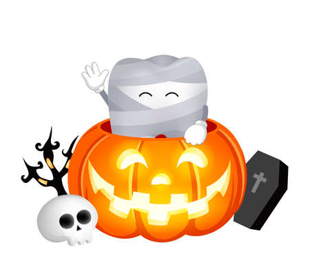 Cartoon mummy tooth character and scared pumpkin with candle inside. Trick or treat, Halloween concept illustration.のイラスト素材