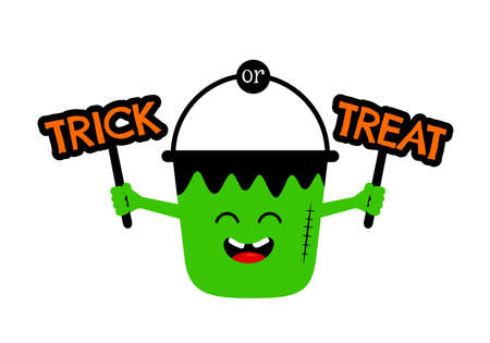 Cute halloween cartoon bucket holding a sign.. Trick or treat. Collection of cartoon bags for collecting sweets. Vector illustration.のイラスト素材