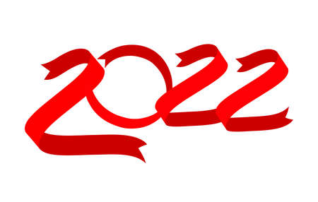 Red ribbon in shape 2022. Vector holiday illustration with 2022 text design.