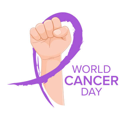 Fist with cancer awareness ribbon concept. Symbol of victory over cancer. World cancer day, vector illustration.のイラスト素材