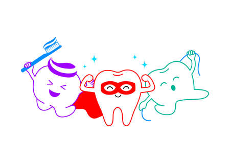 Cute cartoon tooth character with dental care equipment. Care  for your teeth concept. Vector...