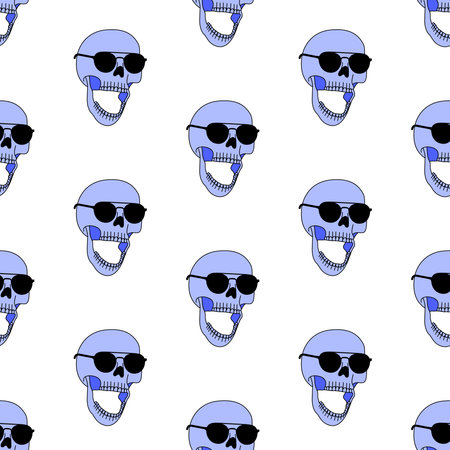 Funny and cool cartoon skeleton with sunglasses seamless pattern. Vector illustration. Design for halloween concept.のイラスト素材