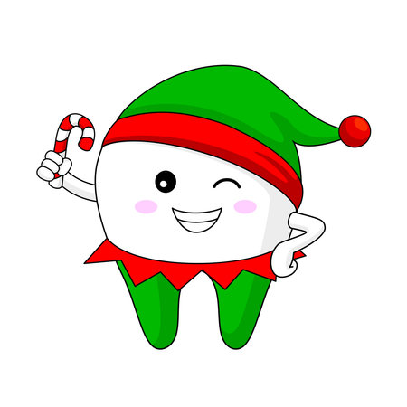 Cute Christmas tooth in elf costume with hat. Vector illustration. Dentistry graphic design.のイラスト素材