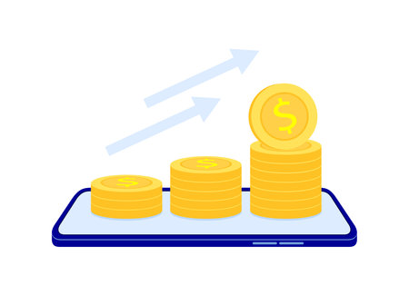 Stack of coins on smart phone. Business and money saving and technology concept. Online shopping, illustration.のイラスト素材