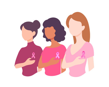 Three women with pink ribbons standing together. Breast cancer awareness month. Concept of support and solidarity with females fighting oncological disease.のイラスト素材